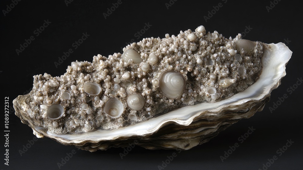 Oyster shell covered with numerous barnacles showcasing intricate textures and natural coastal patterns. Oyster shell covered with numerous barnacles showcasing intricate textures and natural coastal patterns.