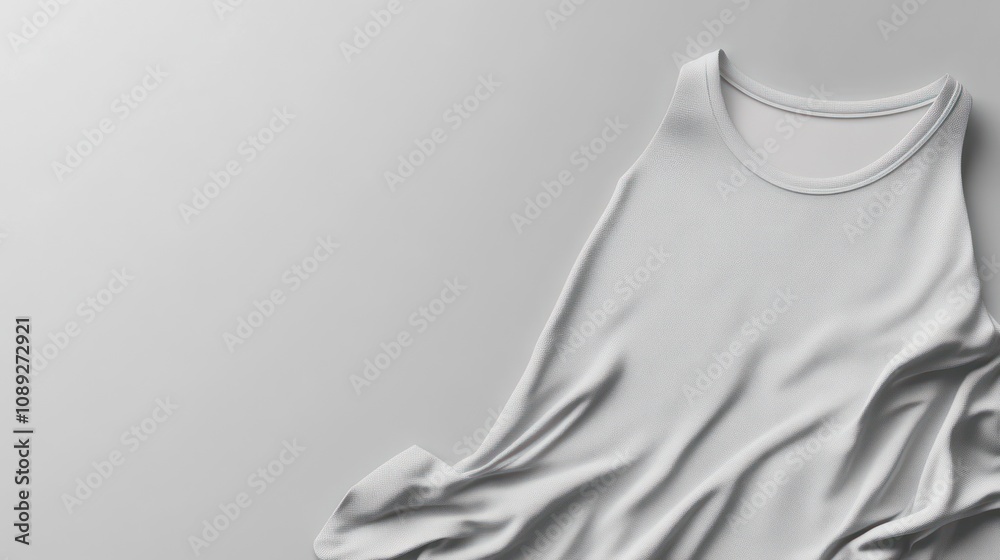 A folded white tank top on a smooth surface, showcasing its fabric and design. A folded white tank top on a smooth surface, showcasing its fabric and design.