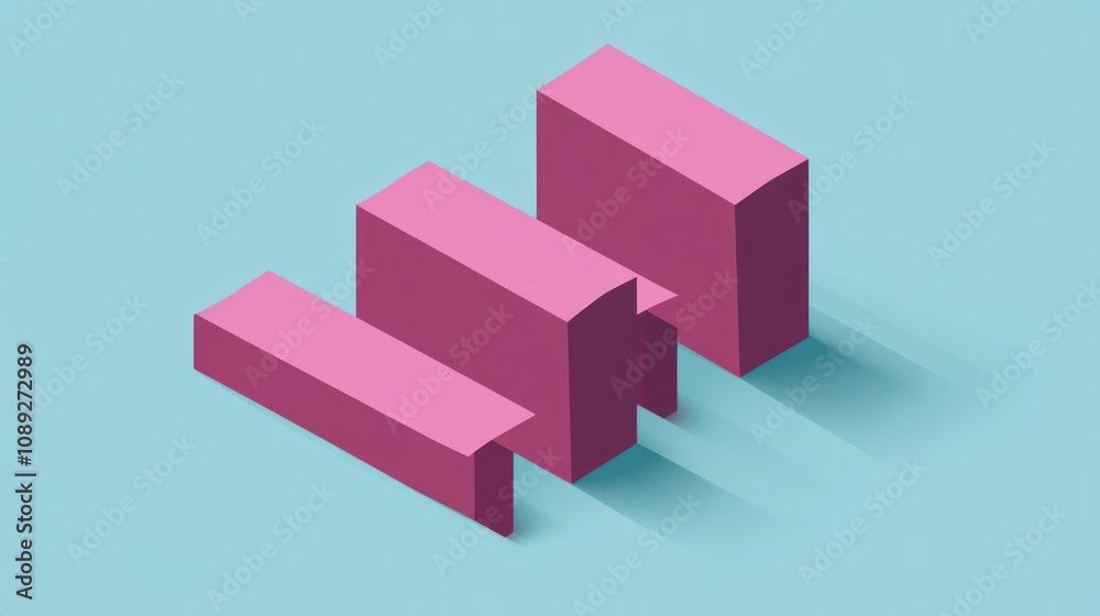 A minimalistic arrangement of pink geometric shapes casting shadows on a light blue background. A minimalistic arrangement of pink geometric shapes casting shadows on a light blue background.