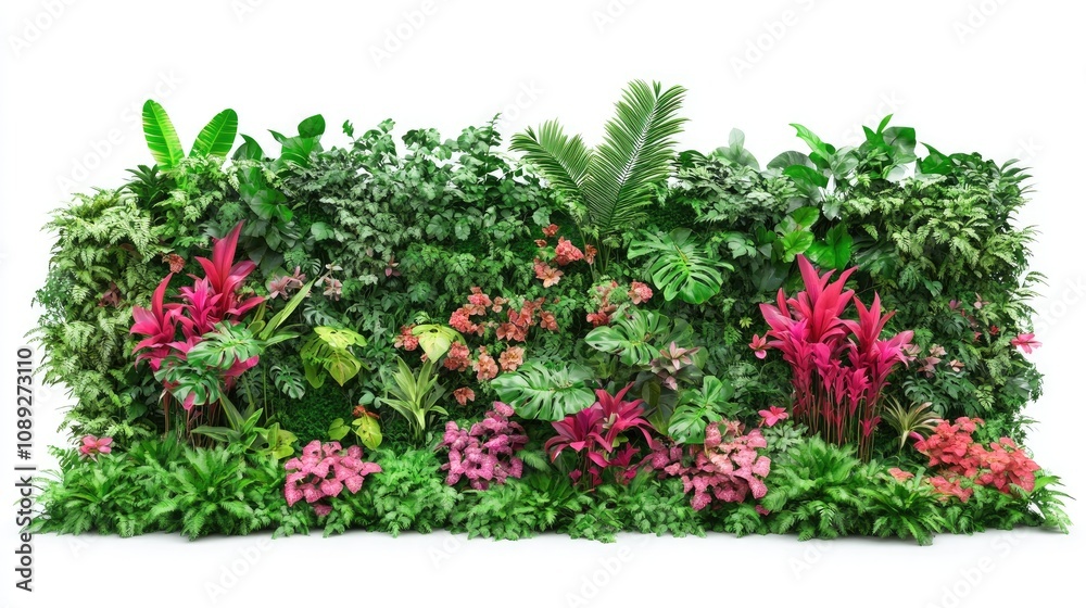 Vibrant tropical garden wall display showcasing lush green foliage, colorful pink and red flowers, and diverse plant textures on a white background. Vibrant tropical garden wall display showcasing lush green foliage, colorful pink and red flowers, and diverse plant textures on a white background.