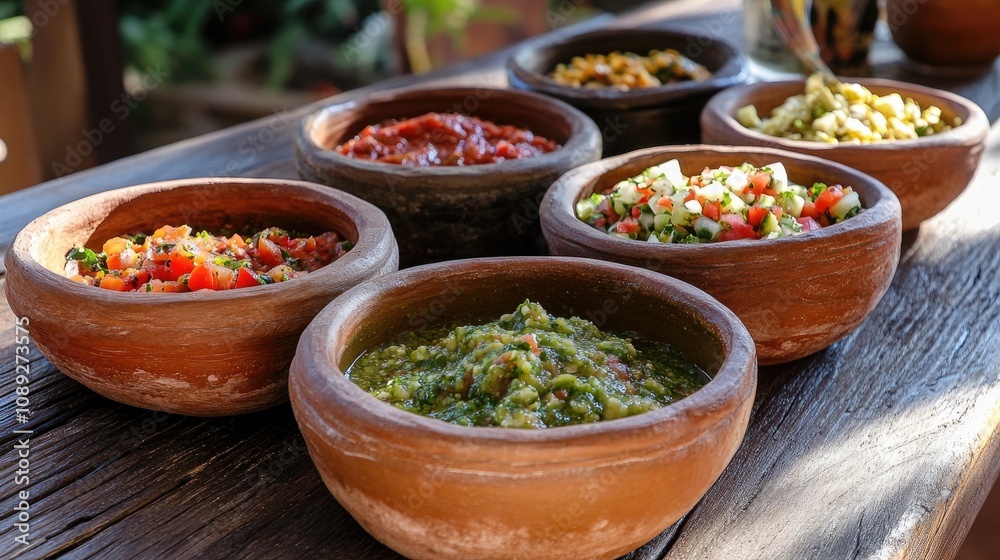 Variety of colorful Mexican salsas and dips presented in traditional clay bowls on a rustic wooden table, showcasing vibrant ingredients and textures. Variety of colorful Mexican salsas and dips presented in traditional clay bowls on a rustic wooden table, showcasing vibrant ingredients and textures.