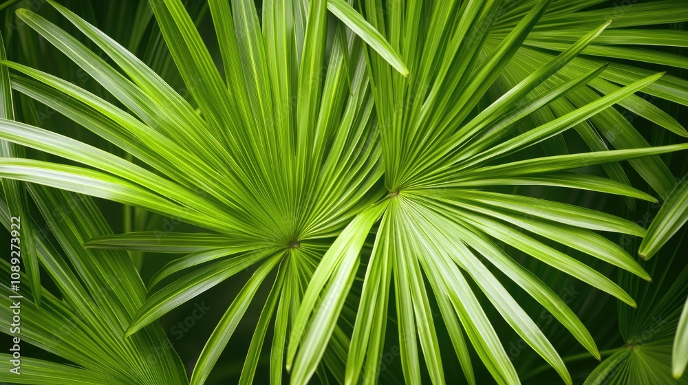 Vibrant green tropical palm leaves forming a lush, textured background ideal for summer and nature-themed designs or vacation imagery. Vibrant green tropical palm leaves forming a lush, textured background ideal for summer and nature-themed designs or vacation imagery.