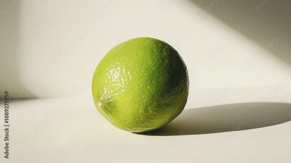 Isolated fresh lime showcasing a vibrant green color with textured skin, casting a subtle shadow on a soft, neutral background Isolated fresh lime showcasing a vibrant green color with textured skin, casting a subtle shadow on a soft, neutral background