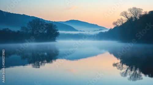 Misty river landscape at dawn with mountains and trees reflecting on the calm water, creating a serene and tranquil natural scene.