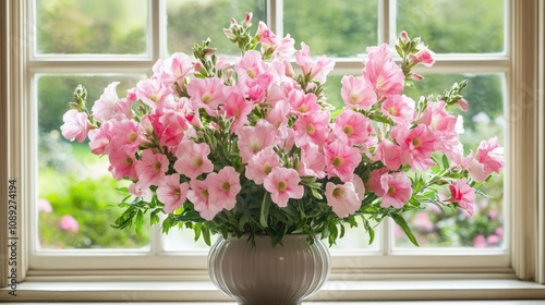 Pink flowers in a white vase on a sunny windowsill, with a soft-focused garden view creating a serene and vibrant floral arrangement.