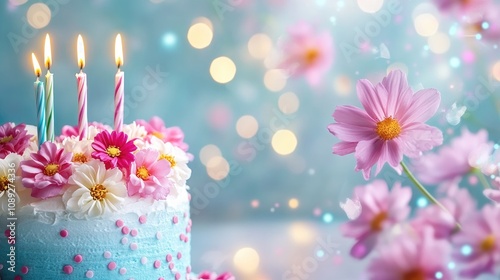 Watercolor birthday celebration background with a decorated cake, glowing candles, and vibrant flowers creating a festive atmosphere.