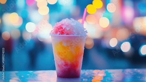 Colorful shaved ice in a plastic cup with vibrant layers, set against a dreamy backdrop of blurred bokeh lights and urban ambiance.