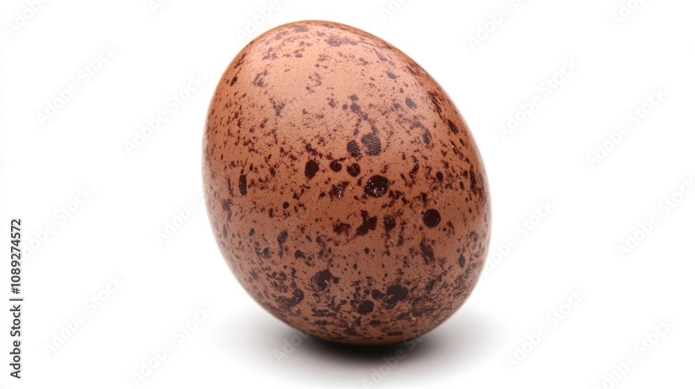Spotted brown chocolate egg with a smooth texture and glossy finish resting on a clean white background. Perfect for Easter or dessert themes. Spotted brown chocolate egg with a smooth texture and glossy finish resting on a clean white background. Perfect for Easter or dessert themes.