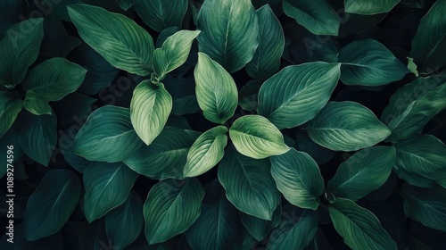 Aerial view of dense hosta plant foliage displaying a rich variety of green shades and intricate leaf patterns in natural light.