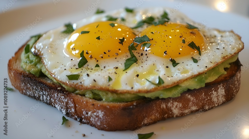 Avocado toast topped with sunny-side-up eggs, sprinkled with fresh herbs and pepper, offering a healthy breakfast option. Avocado toast topped with sunny-side-up eggs, sprinkled with fresh herbs and pepper, offering a healthy breakfast option.