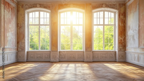 A sunlit room with large windows, showcasing nature outside and elegant interior details.