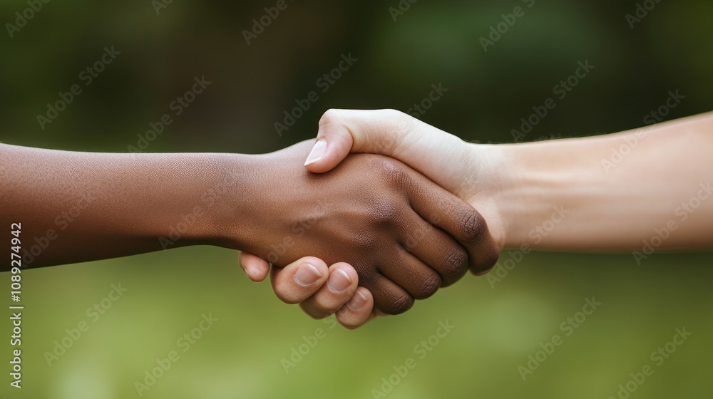 Friendship and Unity Represented Through Diverse Hands in a Friendly Handshake Against a Natural Background Friendship and Unity Represented Through Diverse Hands in a Friendly Handshake Against a Natural Background