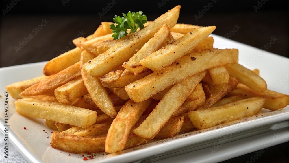 Crisp cajun french fries arranged in a neat pile on a white plate, wellness, lunchbox Crisp cajun french fries arranged in a neat pile on a white plate, wellness, lunchbox