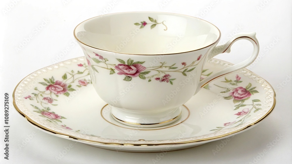 Dainty china teacup and saucer set on a fine bone china plate, serving dish, antique, vintage Dainty china teacup and saucer set on a fine bone china plate, serving dish, antique, vintage