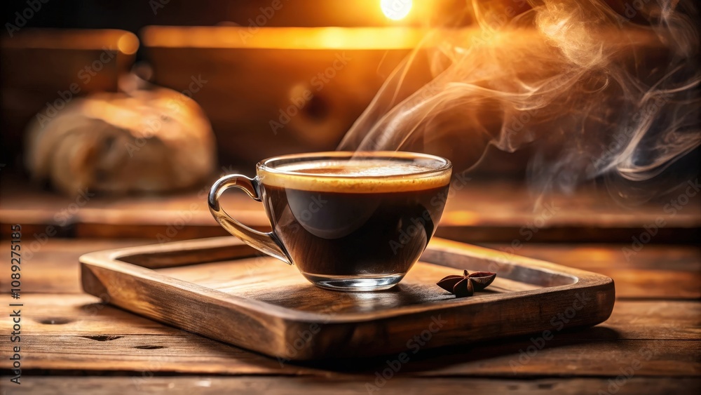 Steaming cup of coffee on a wooden tray, a warm and inviting scene Steaming cup of coffee on a wooden tray, a warm and inviting scene