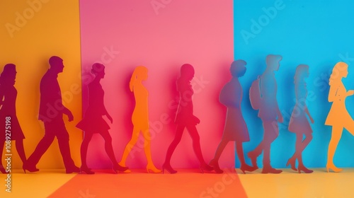 Silhouettes of diverse people on a vibrant, colorful graphic background with abstract shapes.

