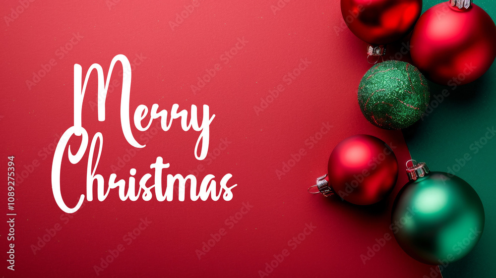 Christmas decoration on a red background next to the text Merry Christmas Christmas decoration on a red background next to the text Merry Christmas