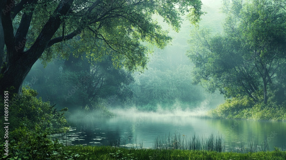 Cinematic view of a tranquil forest landscape beside a foggy lake in the early morning light, surrounded by lush greenery and serene reflections. Cinematic view of a tranquil forest landscape beside a foggy lake in the early morning light, surrounded by lush greenery and serene reflections.
