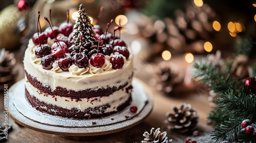 A festive Christmas Tmaktadır decorated with dark red cherries and white cream, placed on the table. A beautiful cake made of layers covered in a rich chestnut-colored cream is placed on top of it. Th photo