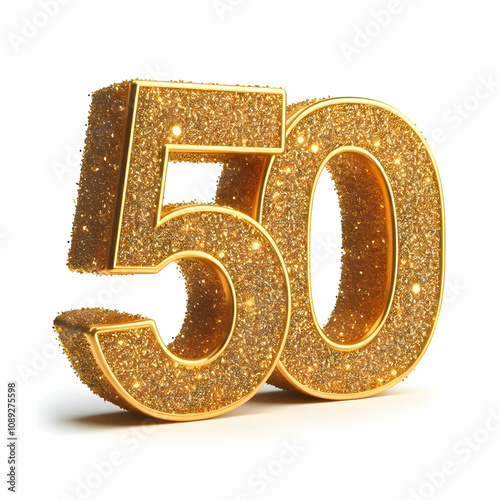 Golden 3d number 50 in glitter texture isolated on white background