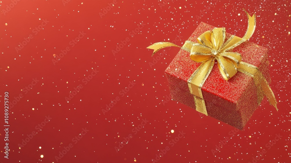 Fototapeta premium Sparkling red and gold gift box adorned with ribbons, set against a festive background, perfect for winter holiday banners and seasonal celebrations.