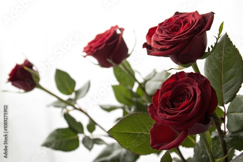 Dark red roses with green leaves against a bright white background with a soft focus effect, peaceful scene, soft focus dark red roses, elegant flowers