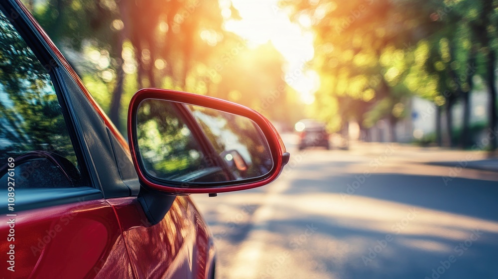 Close-up of a red car's side mirror reflecting sunlight and lush greenery, with a blurred road and trees in the background. Close-up of a red car's side mirror reflecting sunlight and lush greenery, with a blurred road and trees in the background.