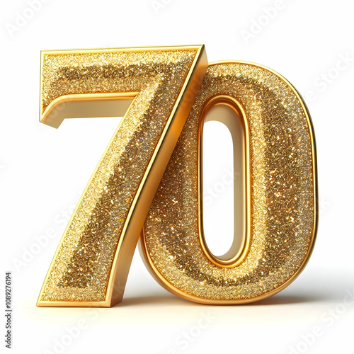 Golden 3d number 70 in glitter texture isolated on white background