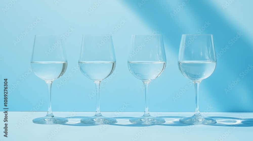 Four elegant glasses of water arranged in a line on a light blue surface, casting gentle shadows against a soft blue backdrop. Four elegant glasses of water arranged in a line on a light blue surface, casting gentle shadows against a soft blue backdrop.