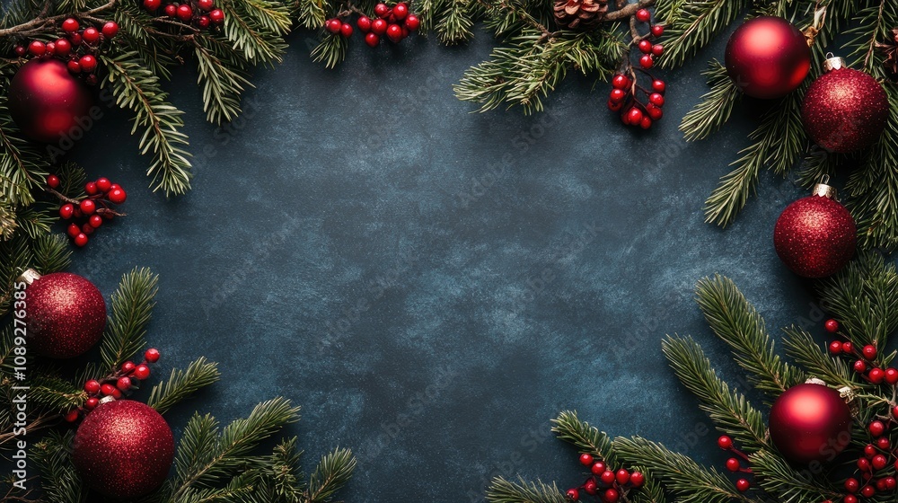 Festive Red Ornaments and Green Ferns Frame a Dark Blue Background for Holiday Decorations Festive Red Ornaments and Green Ferns Frame a Dark Blue Background for Holiday Decorations
