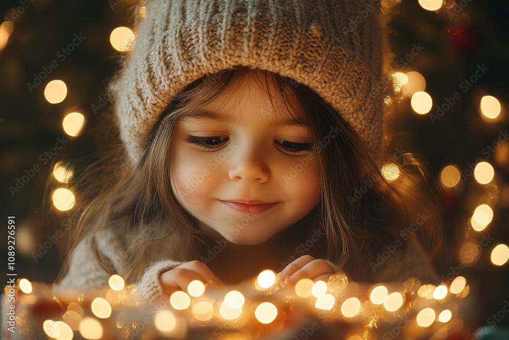 A child in a santa claus hat opens a christmas present while next to the christmas tree. A child in a santa claus hat opens a christmas present while next to the christmas tree.