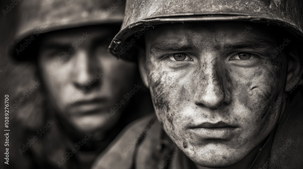 Close-Up Black and White Portrait of World War Two German Soldiers with Weathered Faces and Intense Expressions in a Cinematic Style Close-Up Black and White Portrait of World War Two German Soldiers with Weathered Faces and Intense Expressions in a Cinematic Style