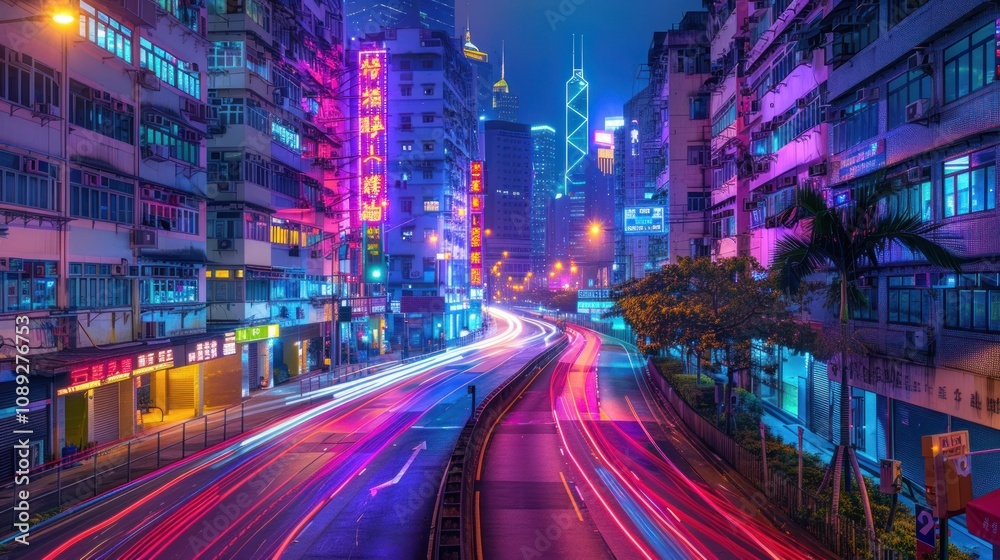Vibrant night cityscape with neon lights and light trails on a busy highway. Vibrant night cityscape with neon lights and light trails on a busy highway.