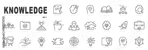 Set of knowledge related line icons. Education, brain, memory, learning etc. Editable stroke. Set 3
