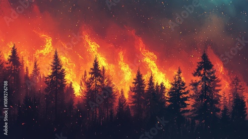 Dramatic forest fire engulfing trees with vibrant orange flames contrasting against a dark smoky backdrop, emphasizing the severity of wildfires.