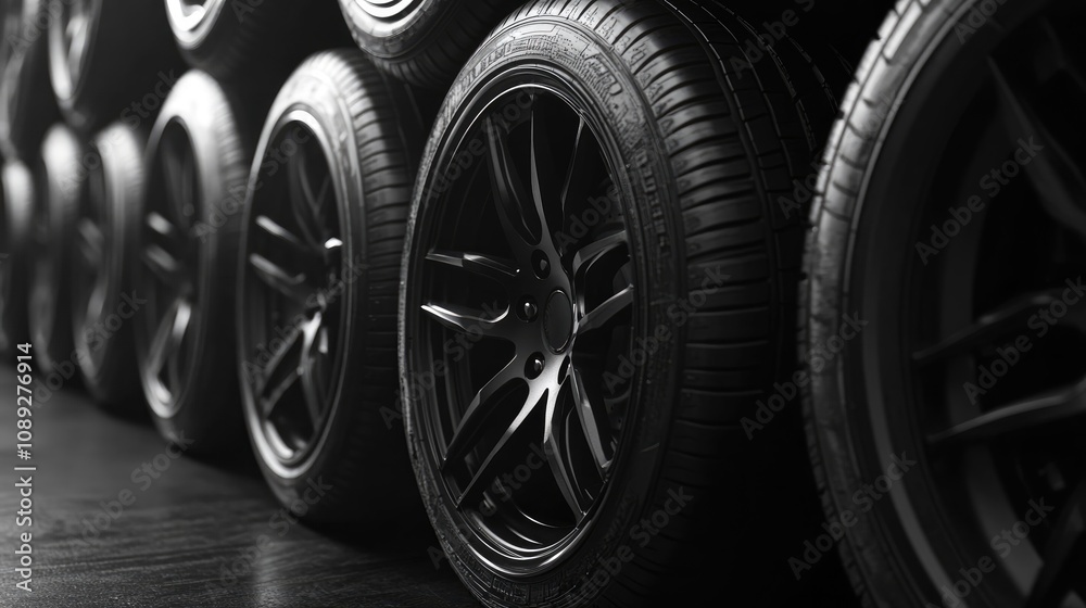 Fototapeta premium Black car tires arranged neatly on a dark background, showcasing sleek designs and textures, symbolizing the automotive parts and vehicle repair industry.