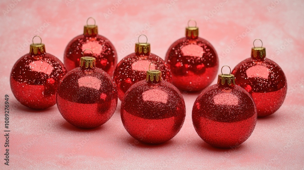 Red glittery Christmas ornaments grouped symmetrically on a soft pink background, creating a festive and cheerful holiday display. Red glittery Christmas ornaments grouped symmetrically on a soft pink background, creating a festive and cheerful holiday display.