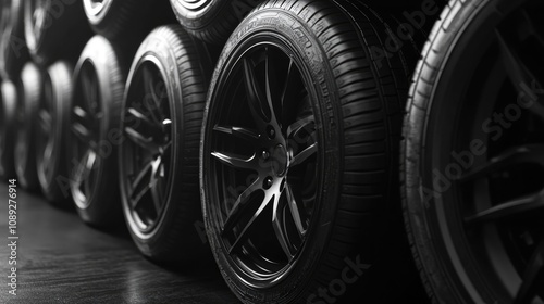 Black car tires arranged neatly on a dark background, showcasing sleek designs and textures, symbolizing the automotive parts and vehicle repair industry.