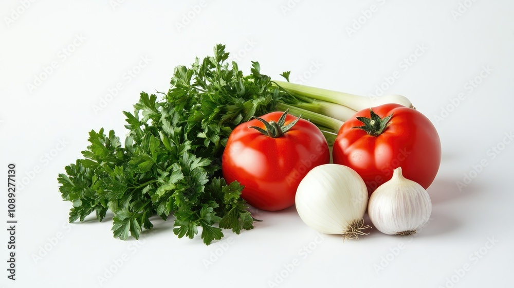 Digital tablet and fresh vegetables including tomatoes, onions, and parsley arranged on a white background for culinary inspiration and grocery shopping ideas Digital tablet and fresh vegetables including tomatoes, onions, and parsley arranged on a white background for culinary inspiration and grocery shopping ideas