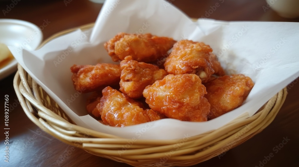 Crispy golden fried chicken pieces in a rustic wicker basket, lined with white parchment paper, ideal for fast food enthusiasts. Crispy golden fried chicken pieces in a rustic wicker basket, lined with white parchment paper, ideal for fast food enthusiasts.