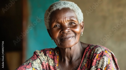 Elderly woman with a warm smile, displaying joyful expression and natural beauty, wearing a colorful patterned dress in softly lit setting.