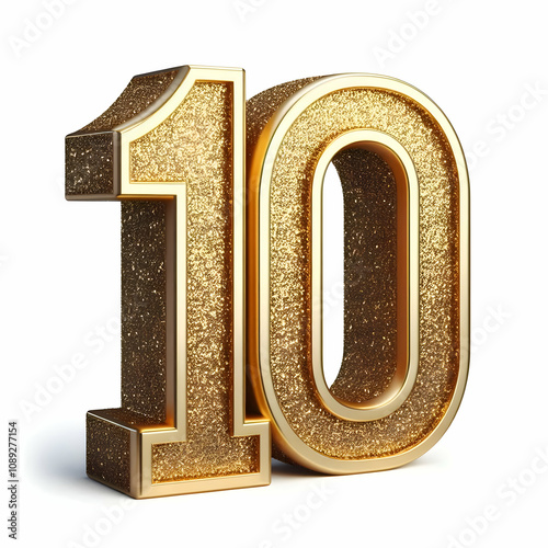 Golden 3d number 10 in glitter texture isolated on white background 