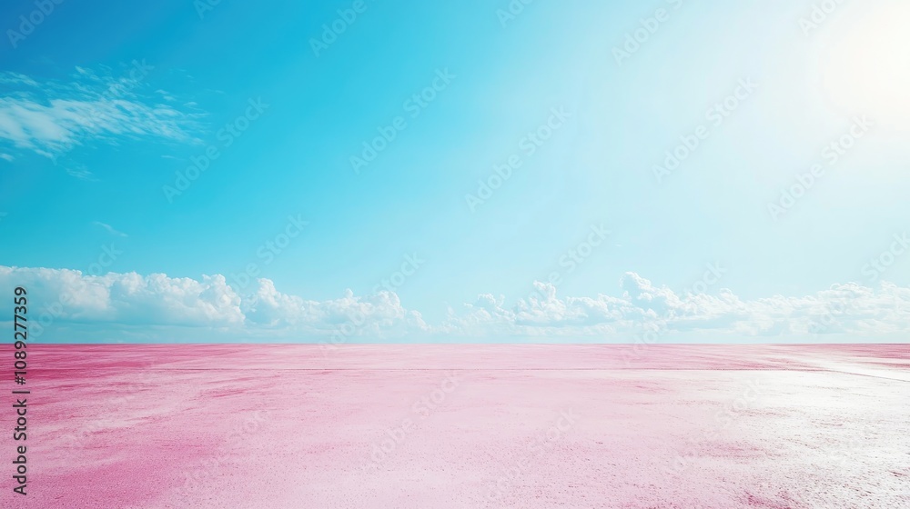 Fototapeta premium Vibrant pink concrete surface reflecting sunlight beneath a clear blue sky with fluffy white clouds, perfect for backgrounds and creative projects.