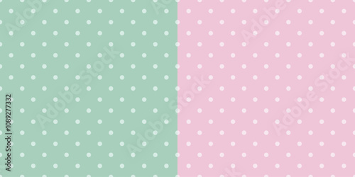 Polka dot on pastel green and pastel pink background. Seamless pattern set. Background for paper, cover, textile, gift wrap, wallpaper.