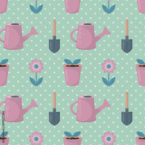 Garden tools and plants on a pastel green background. Seamless pattern. Spring and summer background for paper, cover, textile, wallpaper, interior decor.