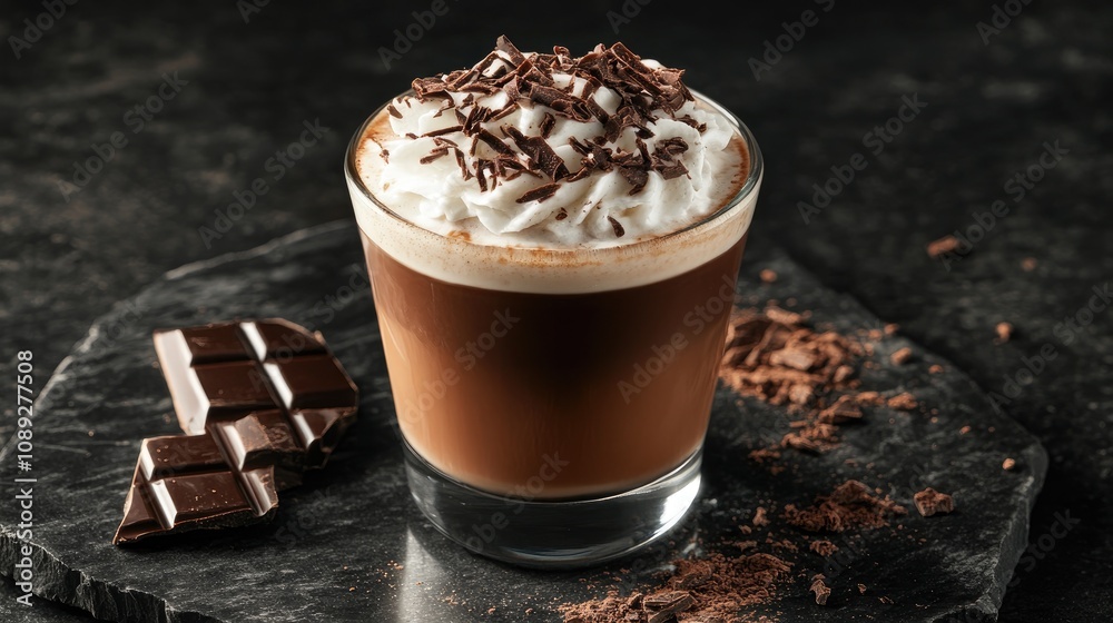 Coffee latte with whipped cream and chocolate shavings in a glass cup, accompanied by dark chocolate pieces on a textured stone surface. Coffee latte with whipped cream and chocolate shavings in a glass cup, accompanied by dark chocolate pieces on a textured stone surface.