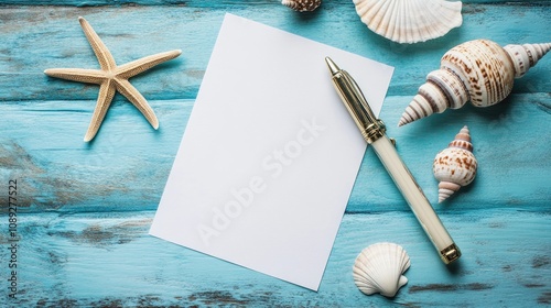 Blank paper placed on a blue pastel surface surrounded by seashells and a starfish, evoking a coastal theme perfect for beach-inspired holiday notes.