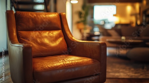 Stylish brown leather armchair positioned in a cozy living room with warm lighting, featuring soft textiles and modern decor elements.