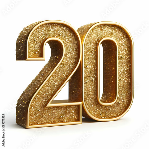 Golden 3d number 20 in glitter texture isolated on white background