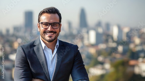 A smiling man in formal attire stands against a city skyline backdrop.